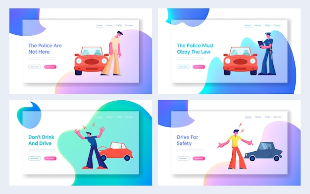 Набор посадочных страниц веб-сайта «автомобильная авария на дороге», пара персонажей-водителей спорят на обочине дороги у разбившихся автомобилей. страхование, трафик, веб-страница поломки