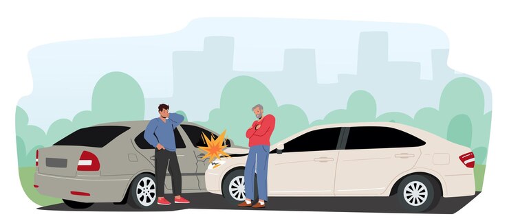 Vector car accident on road, couple of drivers male character stand on roadside at crashed automobiles. insurance situation
