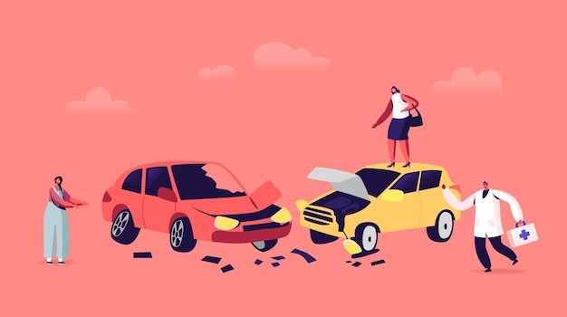 car accident on road, drivers female characters arguing standing on roadside at crashed automobiles and doctor hurry to help