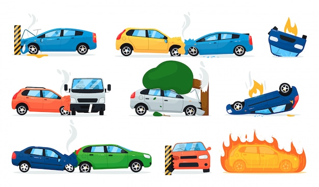 ベクトル 自動車事故セット。孤立した漫画車のクラッシュコレクション。交通事故、車の衝突、火災時の車両。ベクトル輸送安全図