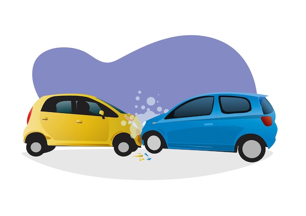 Vector car accident two cars collided causing smoke and damage to the front of the car flat style cartoon illustration vector