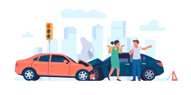 Car accident. vehicles crash. drivers argue at stoplight. people near broken automobiles. traffic rules violation. transport collision illustration. wrecked autos and persons quarrel. vector concept