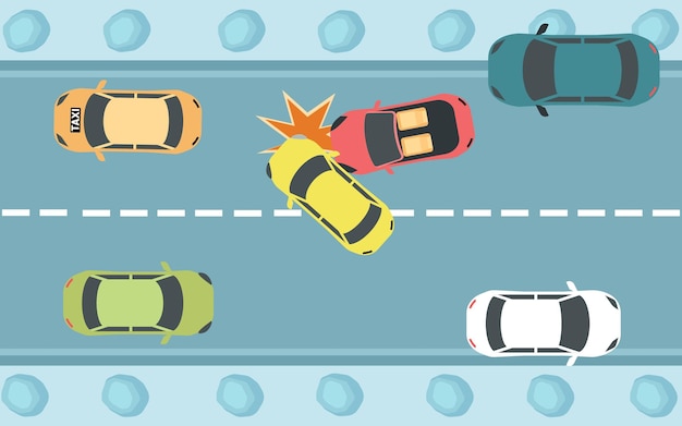 Car accident on winter slippery road top view vector illustration