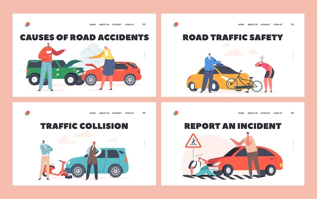 Car Accident with People on Road Landing Page Template Set. Broken Automobile with Fire and Steam, Car Bump into Scooter or Bicycle on the Way. Driver Hit Pedestrian. Cartoon Vector Illustration