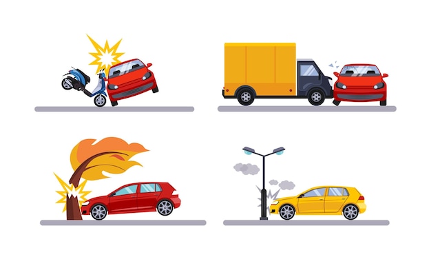 Vettore automobili di incidenti automobilistici coinvolti in un incidente d'auto piatto vettoriale illustrazione isolato su sfondo bianco