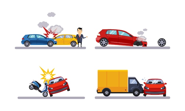 Vector car accidents and crash set flat vector illustration isolated on a white background