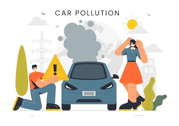 Car Air Pollution Vector Illustration featuring a Polluted Urban Environment Vehicle Traffic and Toxic Emissions from Automobiles and Transportation (Illustratie van een vervuild stedelijk milieu, voertuigverkeer en giftige emissies van auto's en vervoer)