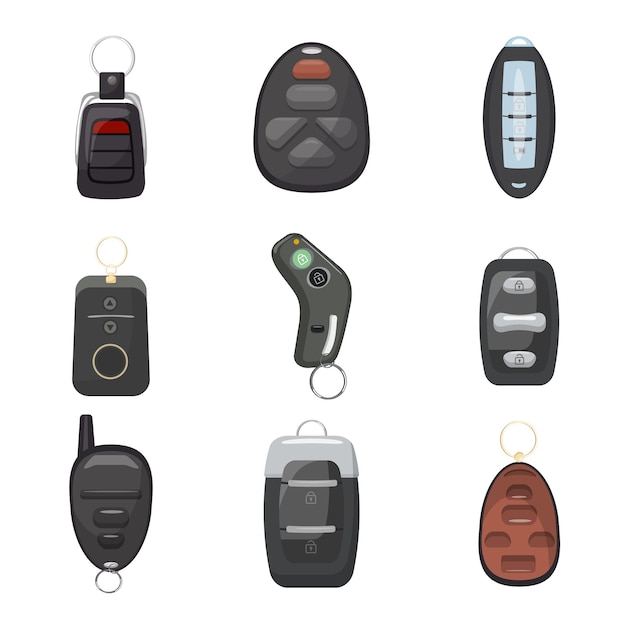 Vector car alarm system icons set cartoon vector new remote lock starter alarm ignition