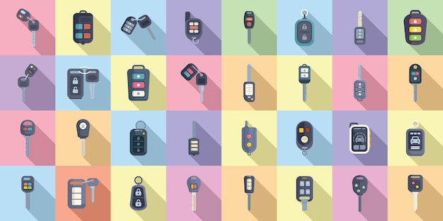 Car alarm system icons set flat vector car key