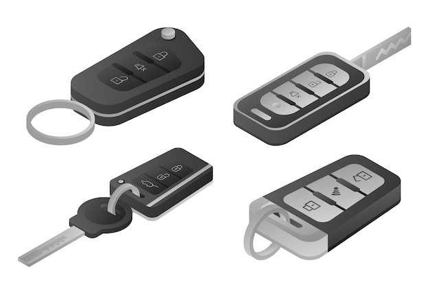 Car alarm system icons set, isometric style