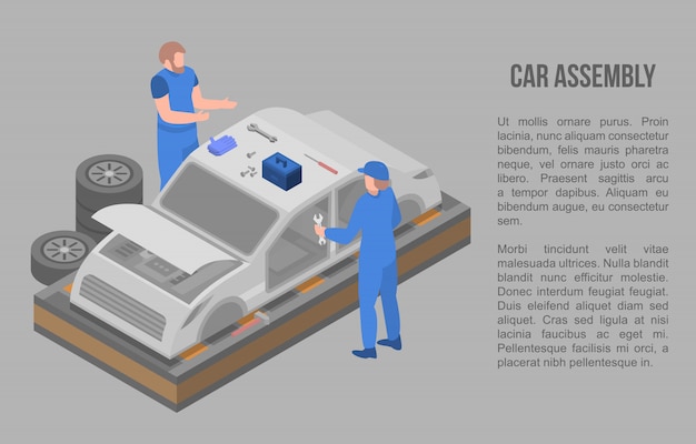 Car assembly concept banner, isometric style