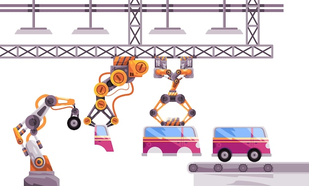 自動化された製造プロセスで車両を組み立てるロボット