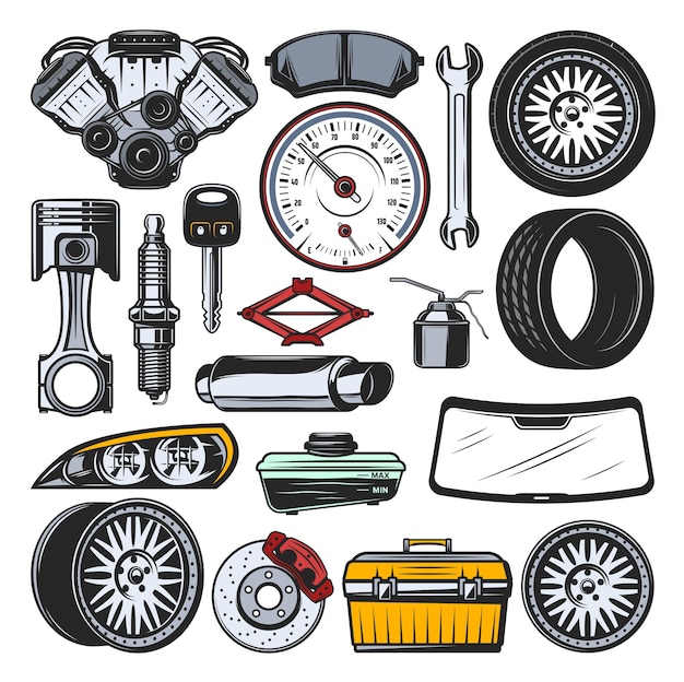 Car auto parts engine tires and tools