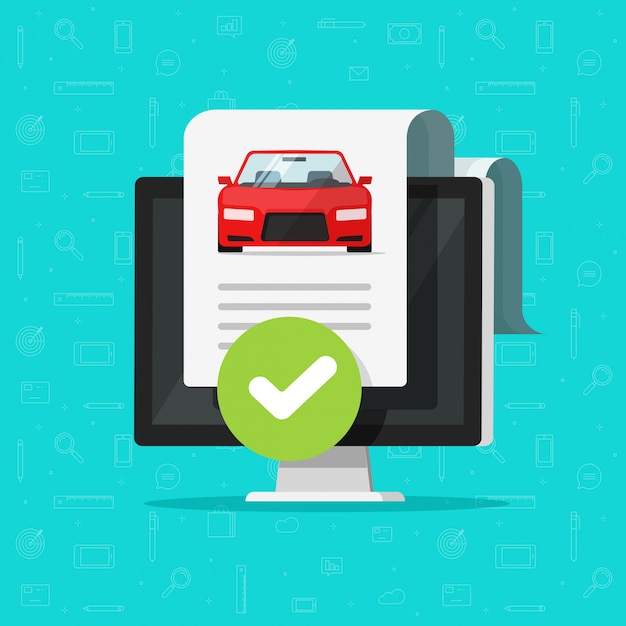 Vector car or automobile history check or vehicle report document approved on computer