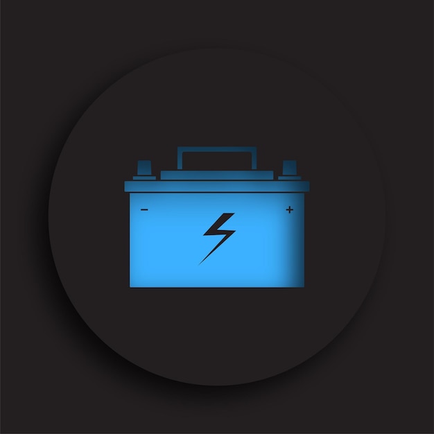 Car battery icon with electric charge icon in neomorphism style on a dark background Maintaining battery power Service in a car repair shop Vector