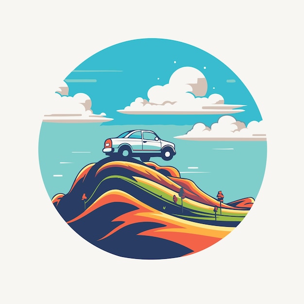 Vector car on the beach vector illustration in a flat style round icon