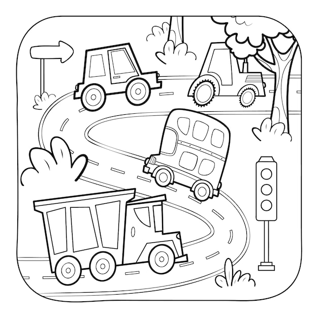 Vector car black and white coloring book or coloring page for kids nature background