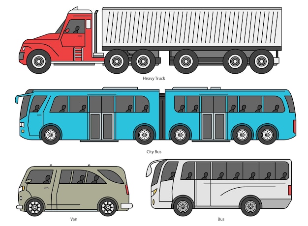 ベクトル 車体スタイルの概要公共交通機関と旅客クーペ市バスカラー大型トラック漫画バン 3 ドアと 5 ドア自動モノライン落書きアイコンのセット