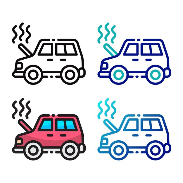 네 가지 변형 색상의 자동차 깨진 아이콘 디자인