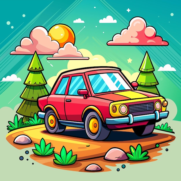 Vector car camper mountain forest landscape scenery hand drawn cartoon character sticker icon concept