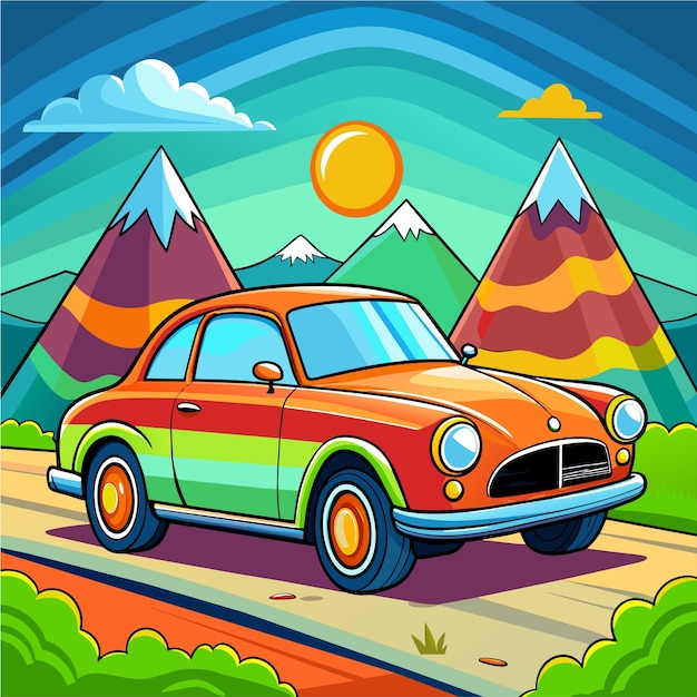 Vector car camper mountain forest landscape scenery hand drawn cartoon character sticker icon concept