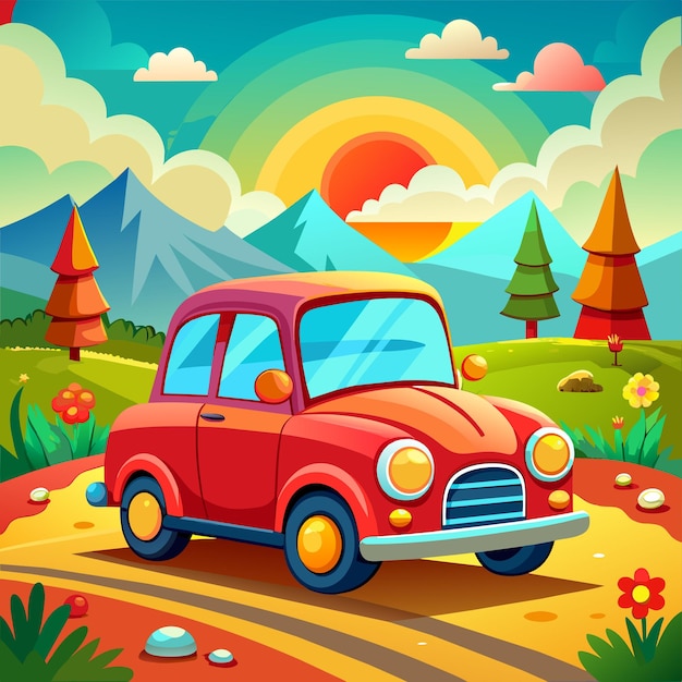 Вектор Автомобильный кемпер горный лес пейзаж пейзаж вручную нарисованный персонаж мультфильма наклейка икона концепция