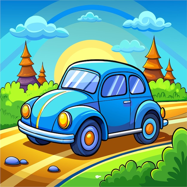 Car camper mountain forest landscape scenery hand drawn cartoon character sticker icon concept