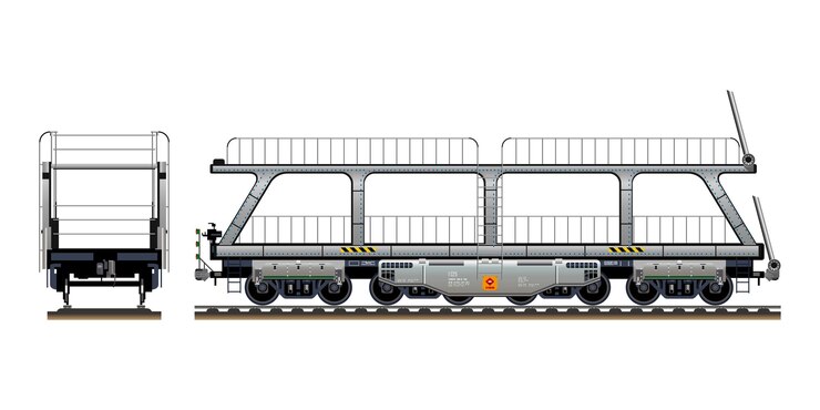 Vector car carrier railway carriage locomotive wagon vehicle transporting cars on two levels 3d vector