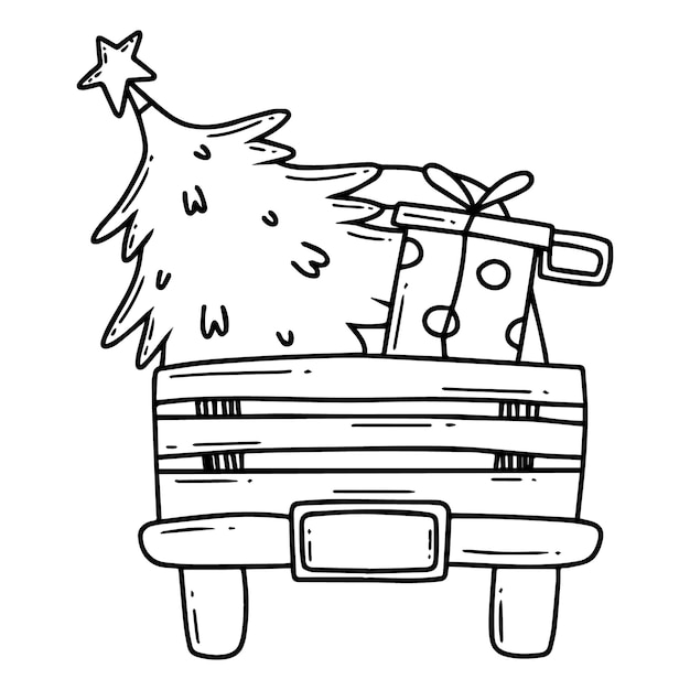 The car carries a Christmas tree with gifts Children's Christmas coloring book Doodle style