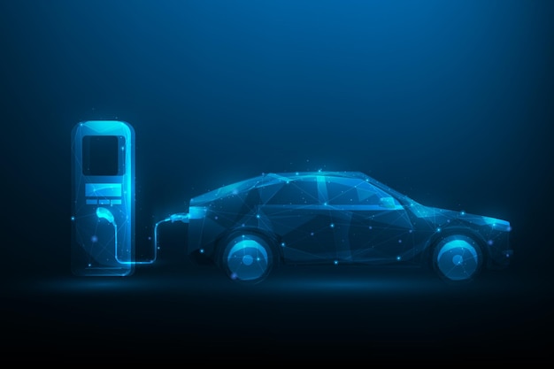Автомобильная зарядная станция технология цифровой фон концепция электромобиля ev автомобиль низкополигональная