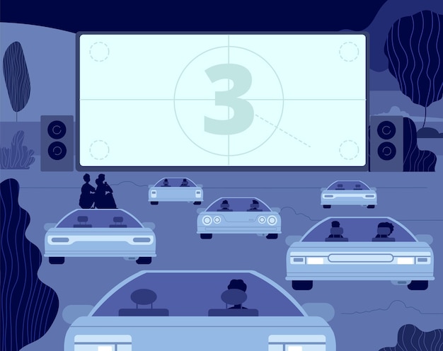 Cinema per auto. grande kino theater, scena del film fuori dall'unità. pubblico in auto, intrattenimento a cielo aperto. coppia notte relax illustrazione vettoriale. film di intrattenimento in auto, cinema in aria