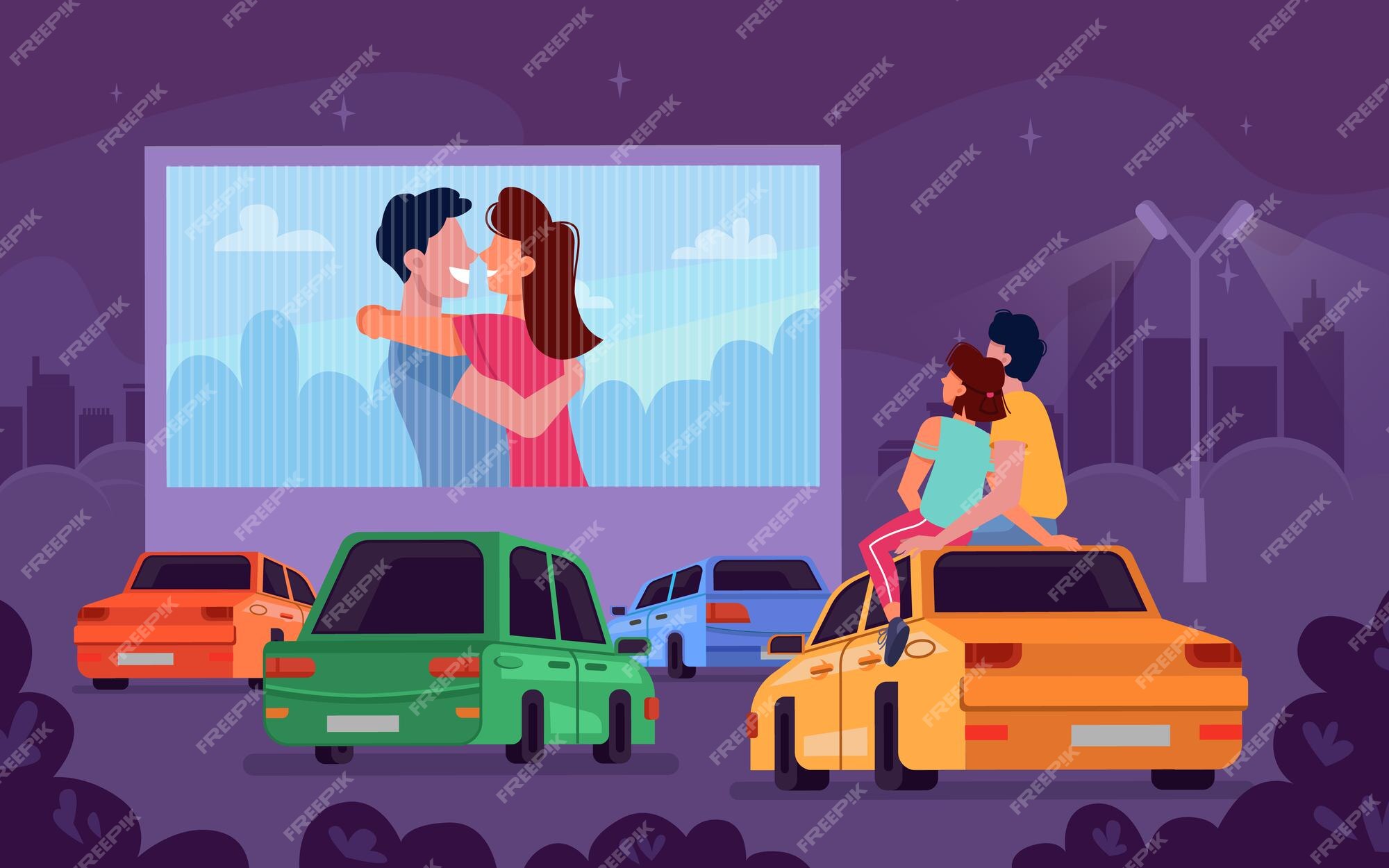 Premium Vector | Car cinema romantic movie theater couple embrace