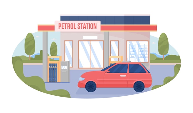 Car at city gas station 2d vector isolated illustration