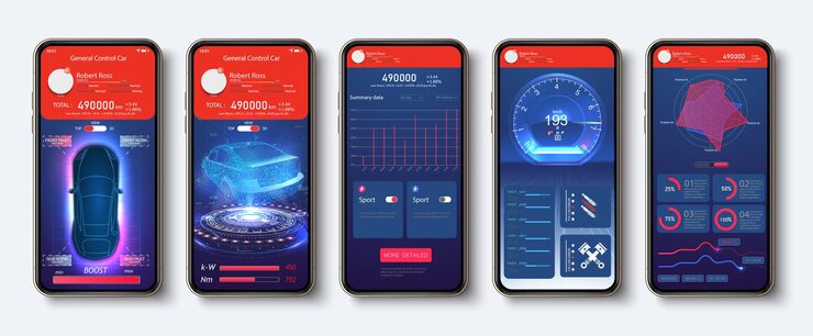 Vector car control app indicators of sensors and data online smart car security system uiuxkithud vehicle feature settings phone display mobile application auto dashboardspeedometer lock run data