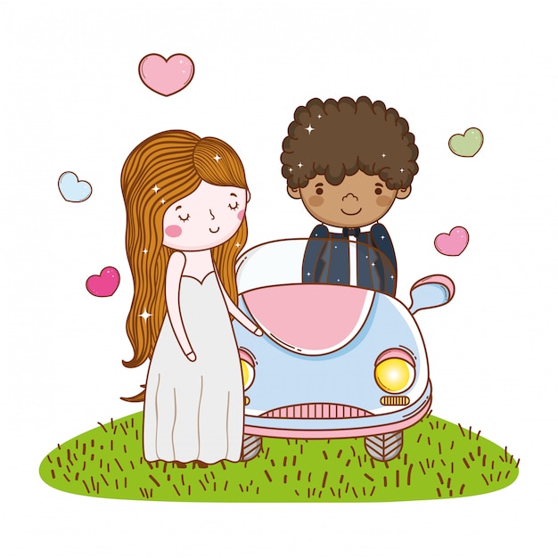 Auto coppia matrimonio simpatico cartone animato