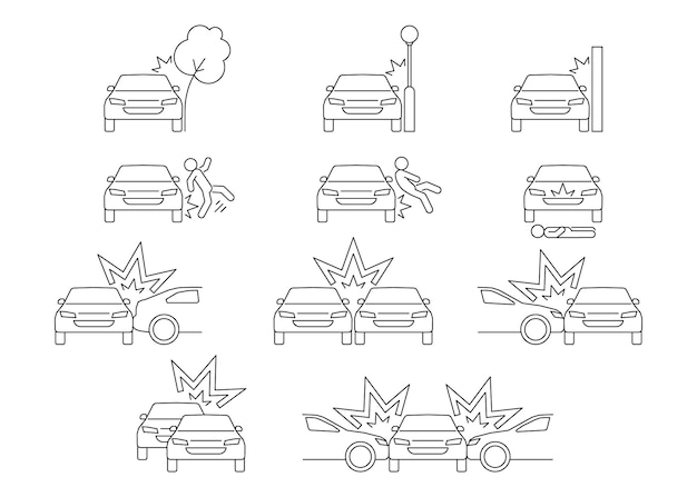 Car crash accident of transport line art icon set Collision with an obstacle Knock down pedestrian