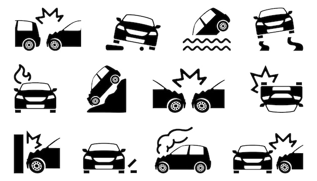 Car crash icons Set of different car accident icons Simple crashed signs Black car crash icons