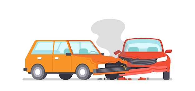 Vector car crash and insurance situation, road collision, accident. damaged transport in city, drive disaster. two smashed vehicles with damaged body and smoke, urban traffic scene. vector illustration