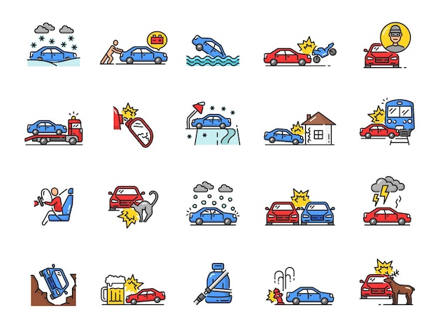 Car crash line icons damage collision failure