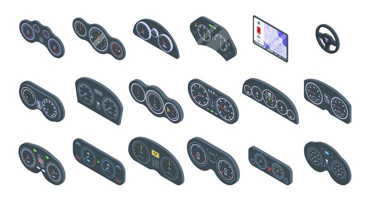Vector 자동차 대시 보드 세트. 흰색 배경에 고립 된 웹 디자인을위한 자동차 대시 보드의 아이소 메트릭 세트