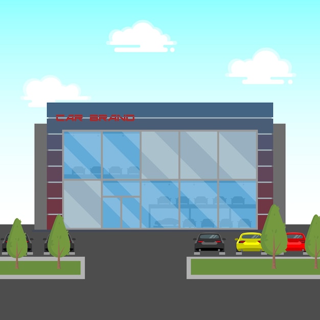 Vector car dealership showroom facade flat design illustration gradient