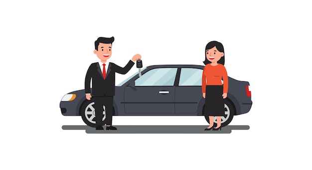 フラットベクトルアートで男性と女性の間の自動車ディーラー取引