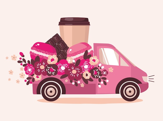 Vector the car delivers a coffee cup and macaroons