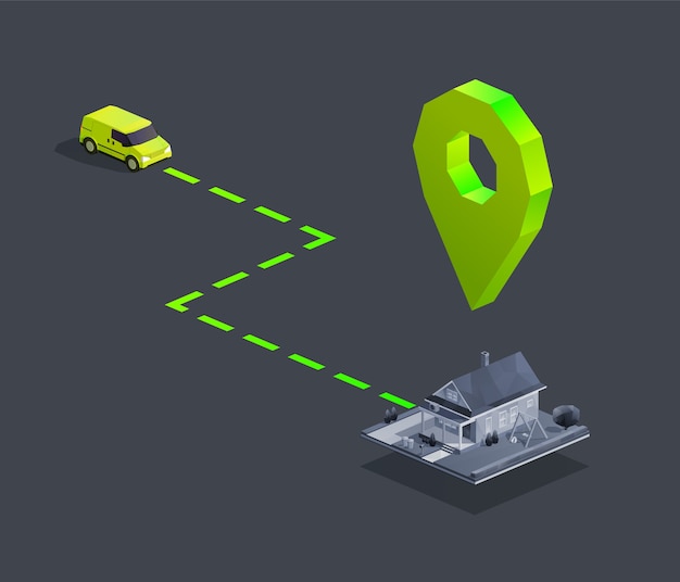 ベクトル 自宅への地図ピン付きの車の配達ナビゲーション