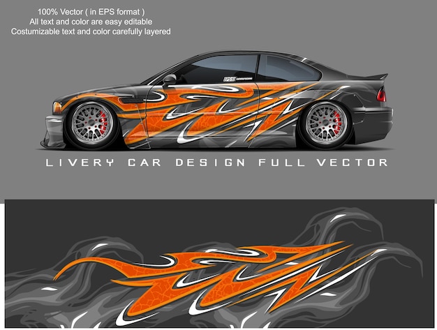 Vector a car design is shown in a black and orange color.