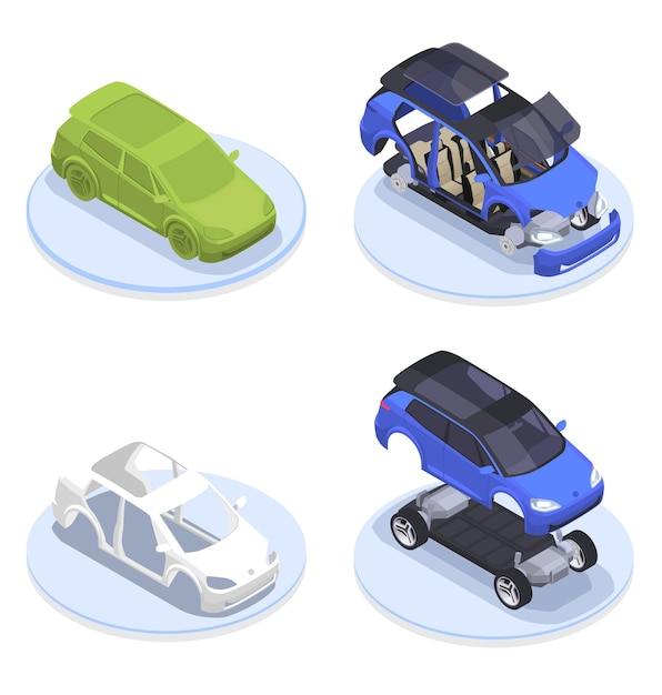 Car design isometric composition set with modeling