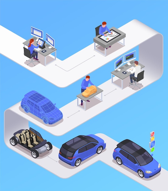 Car designer profession isometric concept with sketching symbols illustration