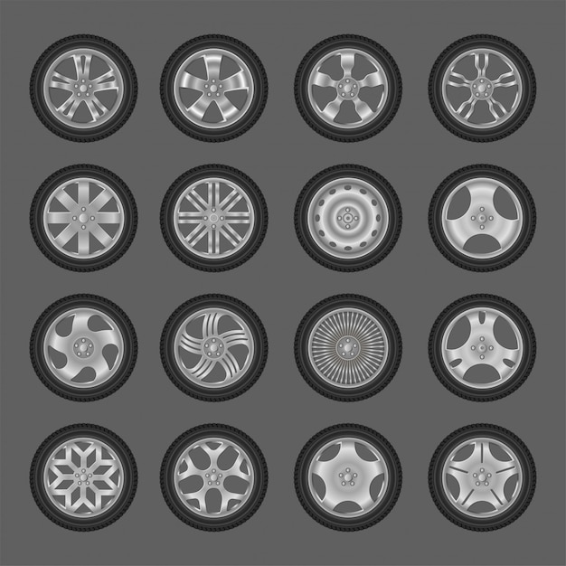 Car different wheels with tire realistic bundle icons isolated