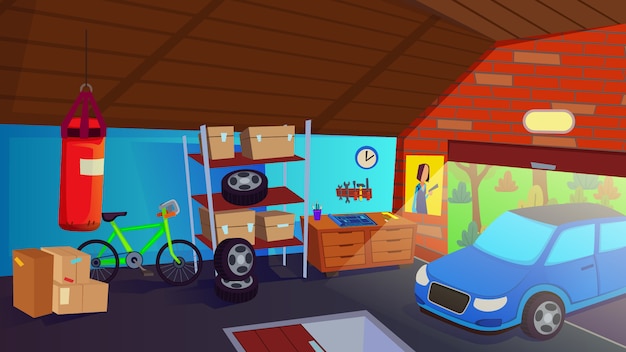 Vector car drive in garage interior storage room for auto illustration