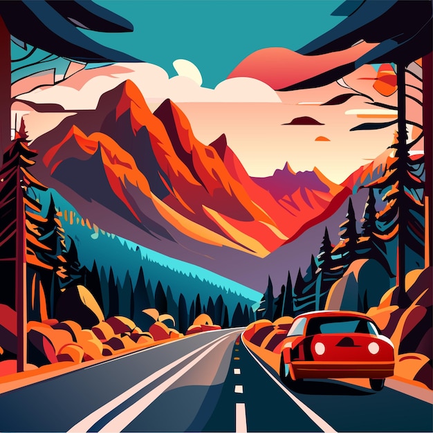 Vector car drive mountain road trip with summer cartoon highway traffic journey with beautiful nature